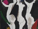an image of a black and white painting of three nudes on a black background