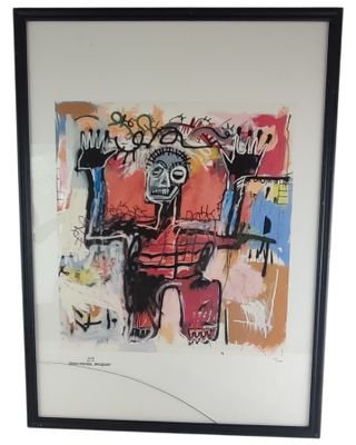 painting of a man in a red suit with graffiti on the wall