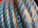 a spool of blue yarn wrapped in plastic on a table