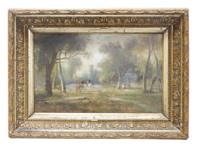 an image of a painting of a man riding a horse in a wooded area