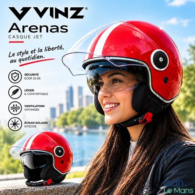 une femme portant un casque rouge et une veste noire
