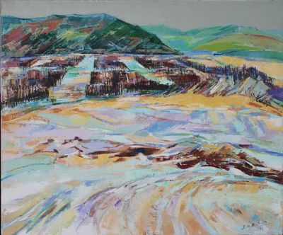 an oil painting of a landscape with mountains in the background