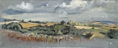 tableau représentant une vue d'un champ avec des arbres et des nuages