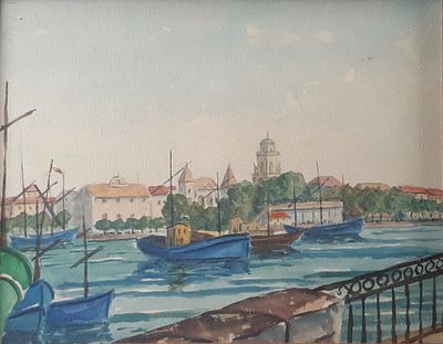 a painting of boats on the water in a harbor