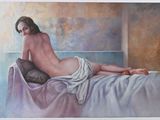 a painting of a naked woman laying on a bed
