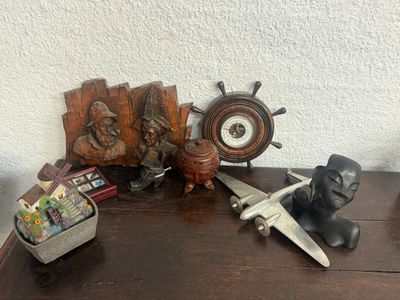 a wooden table with various items on top of it