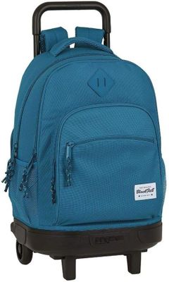 the rolling backpack is blue and has a black handle