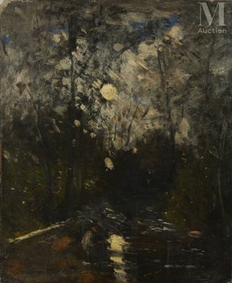 a painting of a river with trees in the background