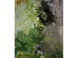 une peinture abstraite représentant des fleurs vertes et blanches sur un fond gris