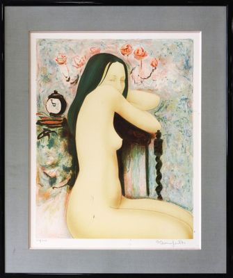 painting of a nude woman sitting on a chair with a clock in the background