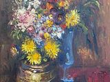 une peinture représentant un vase de fleurs sur une table