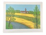 an image of a painting of a church in a field