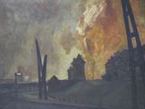 an oil painting of a city street with a fire in the background