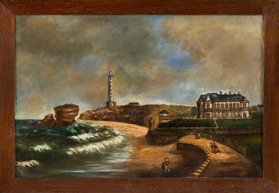 une peinture à l'huile représentant un phare sur une côte rocheuse, avec un homme marchant sur le rivage