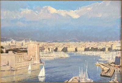 a painting of a view of a city with boats in the water