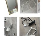 four pictures of a bathroom with a sink, mirror, and other items