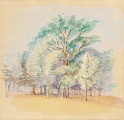 une image représentant une aquarelle représentant des arbres dans un champ