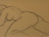 dessin représentant une femme nue allongée sur un lit, la tête posée sur ses mains