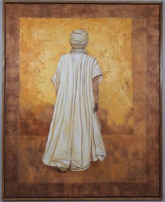 painting of a man in a white robe and turban standing in front of a yellow wall