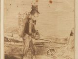an old drawing of a man walking with a dog in a field