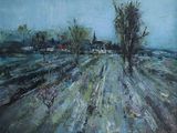 an oil painting of a rural road with trees in the foreground