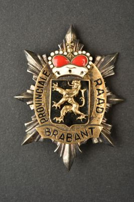 un gros plan d'un insigne métallique orné d'une couronne