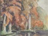 painting of a lake with trees and water in the foreground