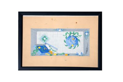 tableau de point de croix encadré représentant un poisson et une tortue sur fond bleu