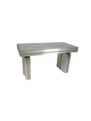 an image of a stainless steel table with a glass top