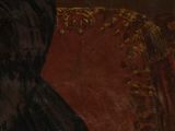 painting of a woman in a black dress sitting on a red chair
