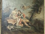 un vieux tableau représentant un homme et une femme assis sur un rocher