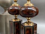 pair of brass and tortoise glass table lamps on pedestal bases