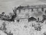drawing of a house in the middle of a field with trees in the background