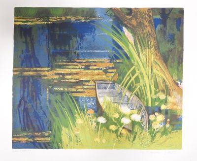 a picture of a painting of a boat in the water