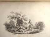 an old book with a drawing of a man and a dog