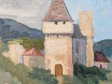 an oil painting of a castle on a hill with a tree in the foreground