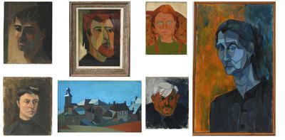 several paintings of people are shown in a row on a white background