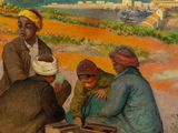 a painting of a group of people sitting on a hill