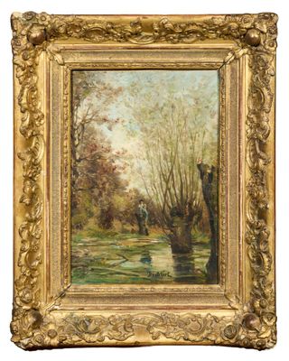 une peinture à l'huile représentant une scène de rivière avec un bateau dans l'eau