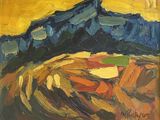 an oil painting of a mountain with a yellow sky in the background