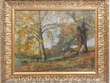 an oil painting of a wooded scene with trees and a bench