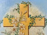 a painting of a cross with flowers on it