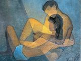 un tableau représentant un homme et une femme assis sur un lit