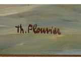 an oil painting of the word ' th premier ' written in red on a green background