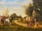 tableau représentant un groupe de personnes à cheval sur un chemin de terre