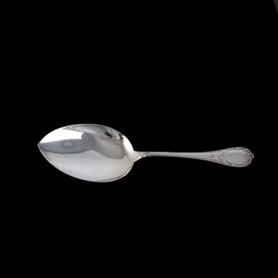 une cuillère en argent avec un manche en argent sur fond noir