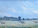 un tableau représentant un champ avec du foin et des arbres en arrière-plan