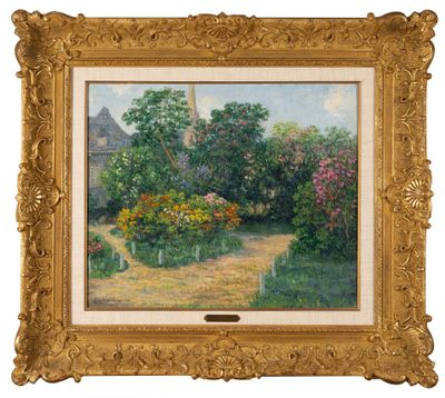 une peinture à l'huile représentant un jardin avec un sentier et des fleurs