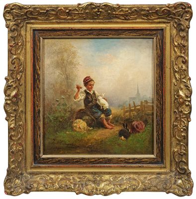 a painting of a boy sitting on a hill with a dog