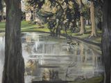 un tableau représentant un étang dans un parc, avec des arbres au premier plan